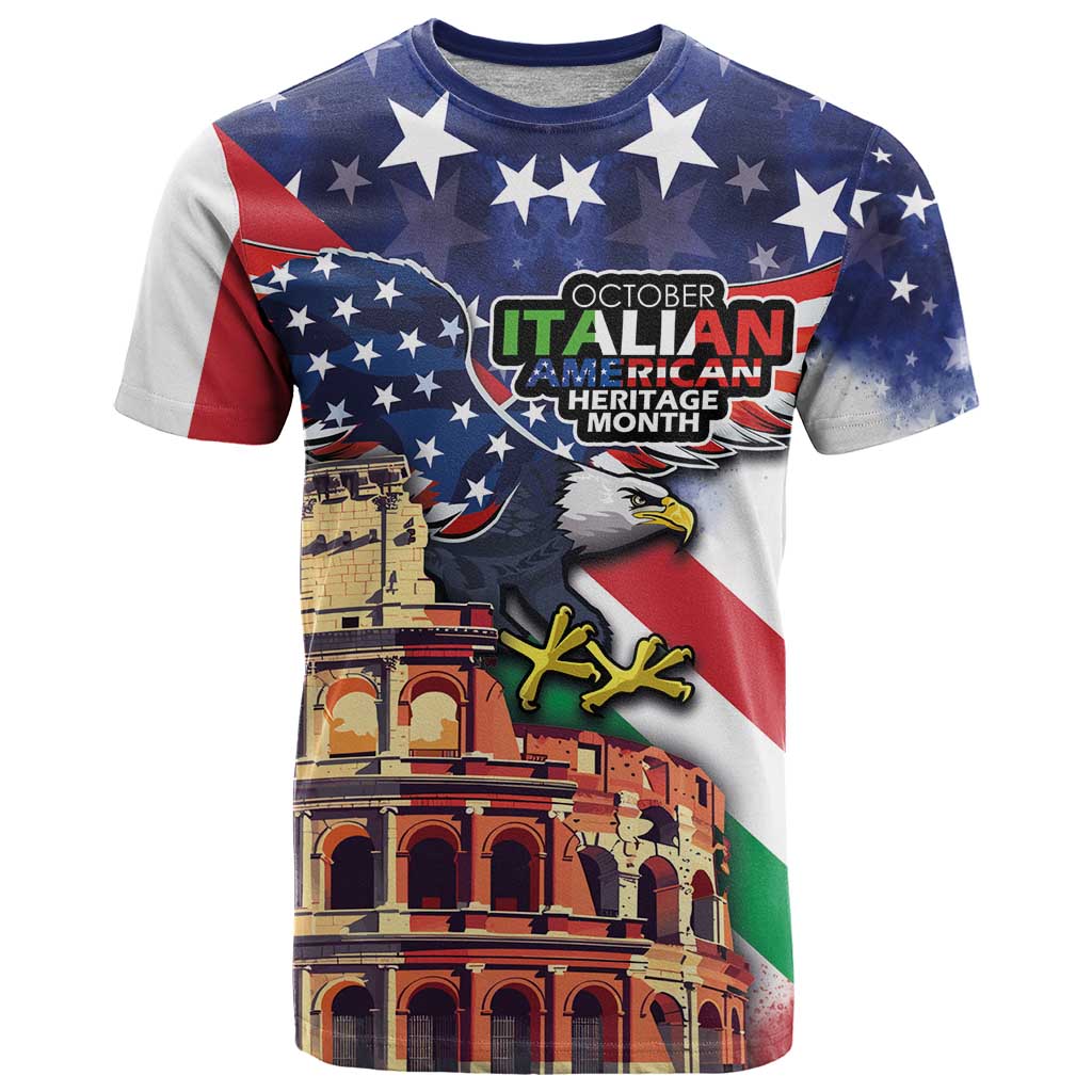 Italian American Heritage Month T-Shirt USA Eagle and The Colosseum with National Flag Graphic Tee
