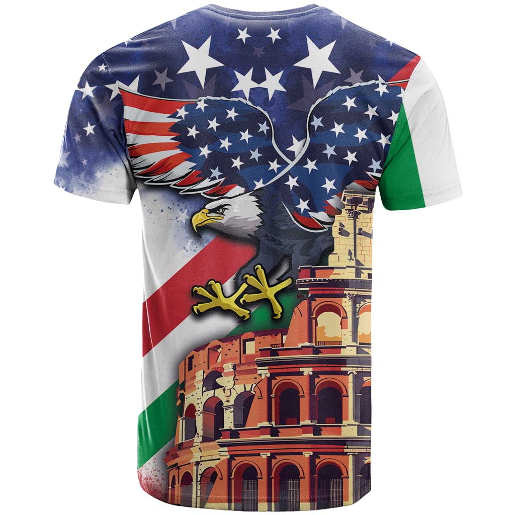 Italian American Heritage Month T-Shirt USA Eagle and The Colosseum with National Flag Graphic Tee