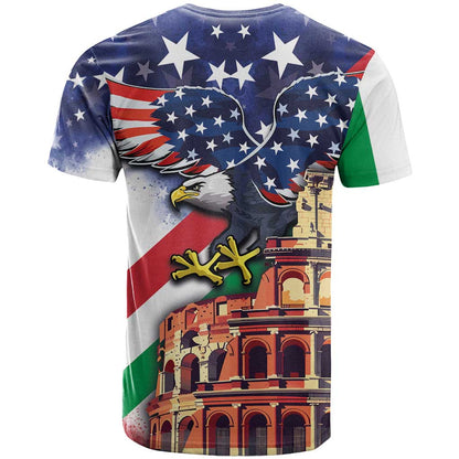 Italian American Heritage Month T-Shirt USA Eagle and The Colosseum with National Flag Graphic Tee