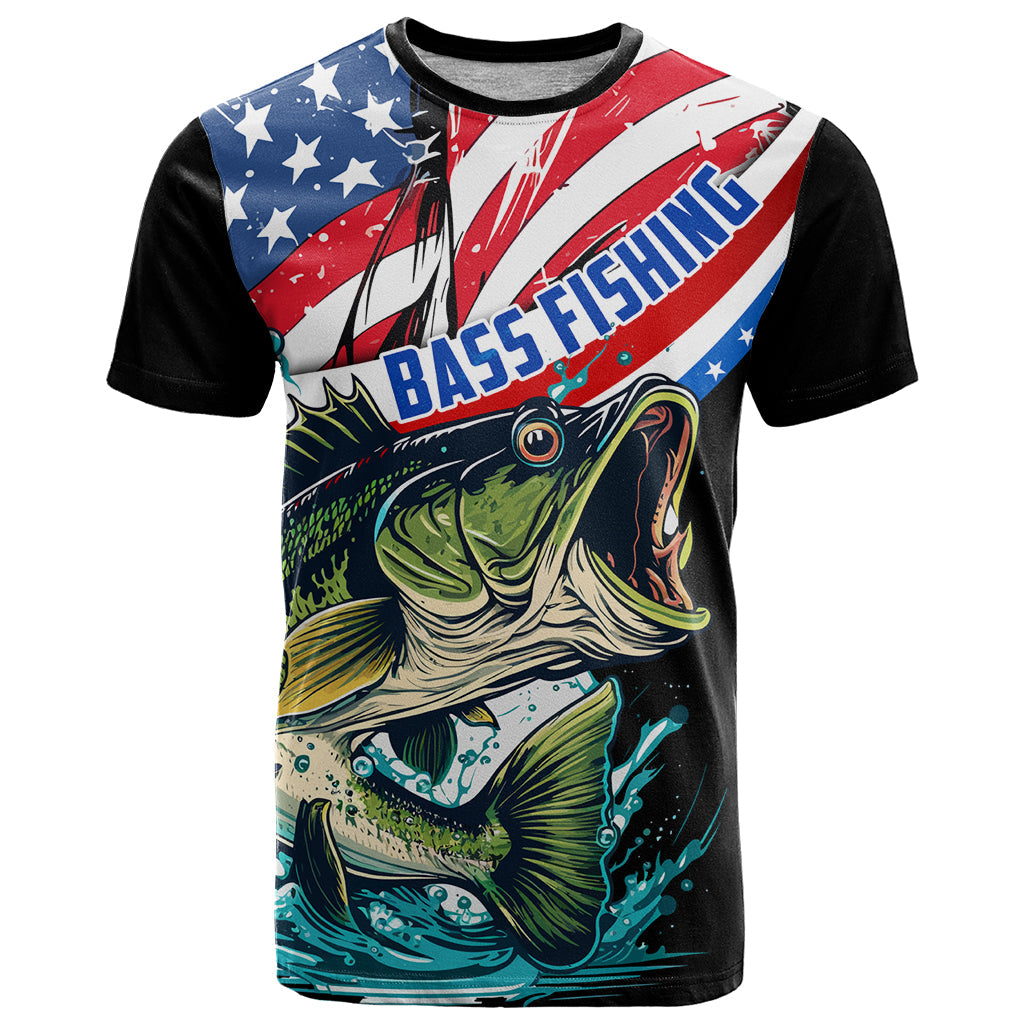 Personalized Bass Fishing T-Shirt With American Flag Graphic Tee