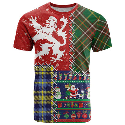 Scottish Christmas T-Shirt Scotland Lion and Xmas Elements Patch Style Graphic Tee