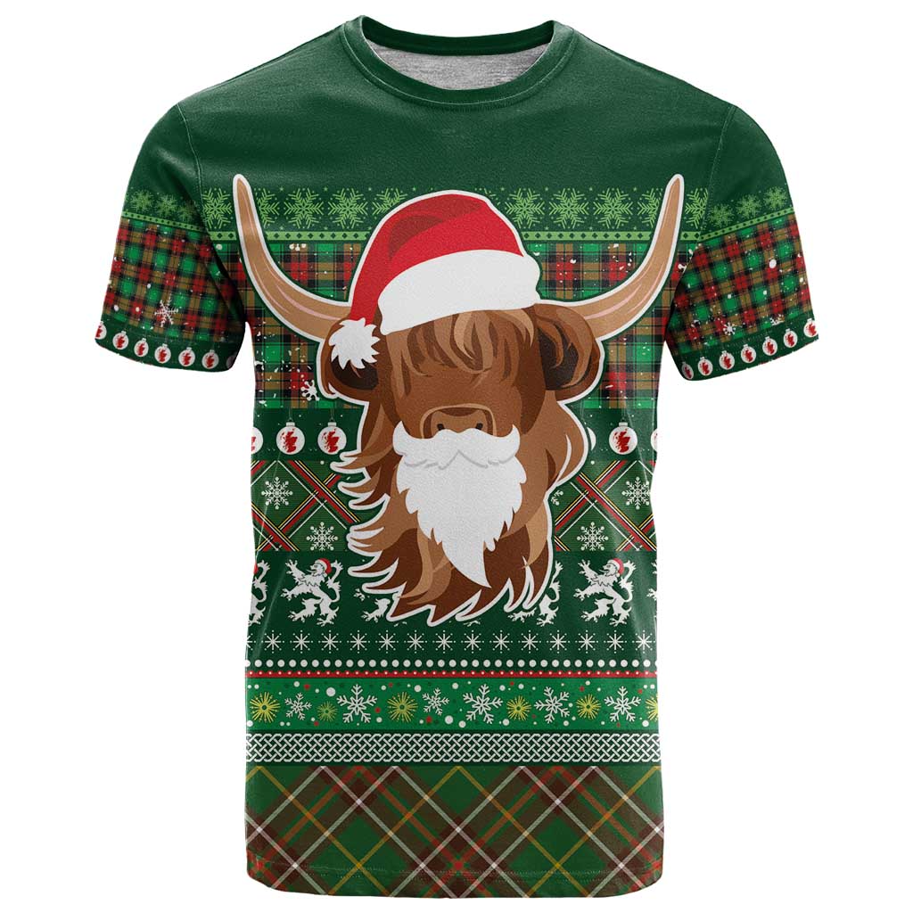 Scottish Christmas T-Shirt Highland Cattle-Xmas Tartan Stripes Style Green Color Graphic Tee