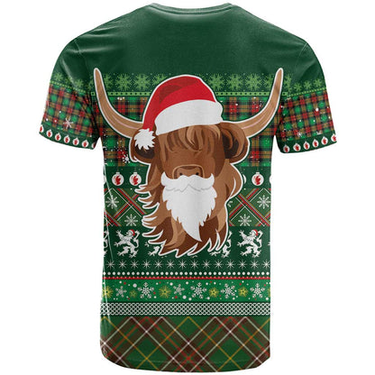 Scottish Christmas T-Shirt Highland Cattle-Xmas Tartan Stripes Style Green Color Graphic Tee