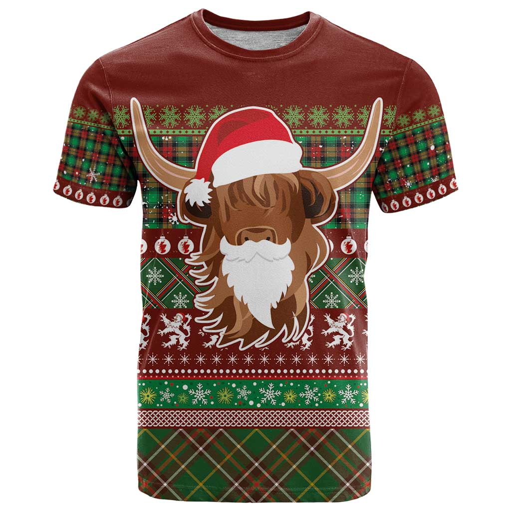 Scottish Christmas T-Shirt Highland Cattle-Xmas Tartan Stripes Style Red Color Graphic Tee