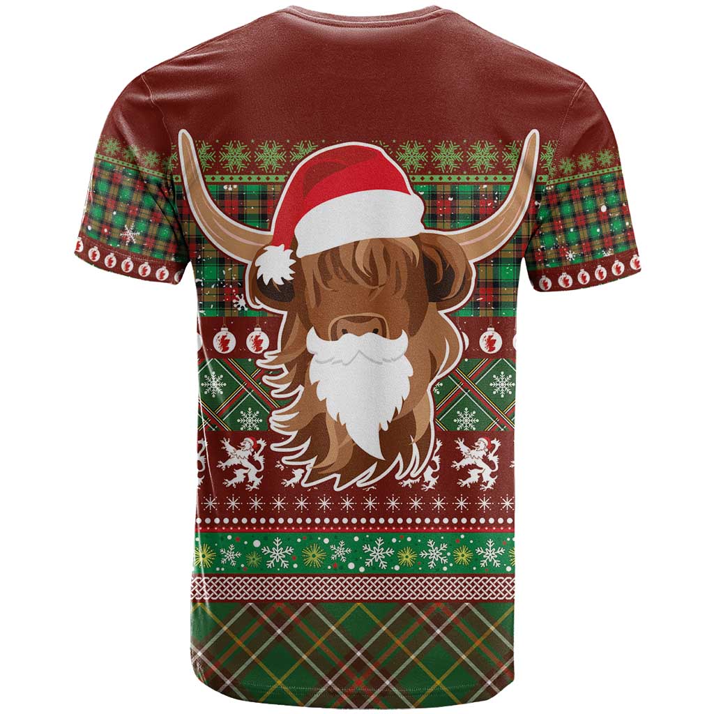 Scottish Christmas T-Shirt Highland Cattle-Xmas Tartan Stripes Style Red Color Graphic Tee