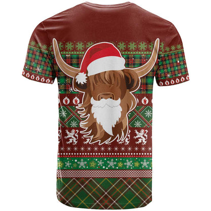 Scottish Christmas T-Shirt Highland Cattle-Xmas Tartan Stripes Style Red Color Graphic Tee