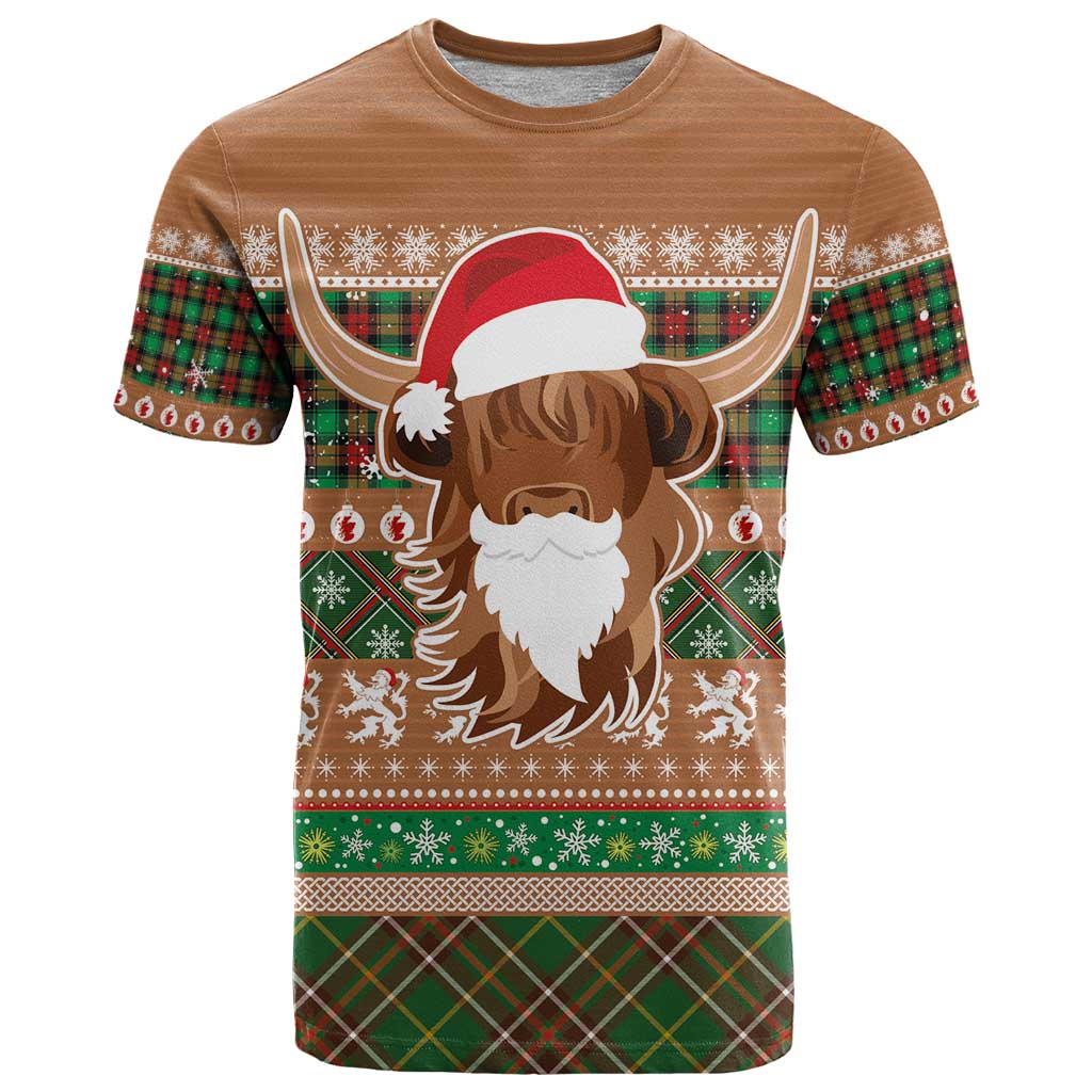 Scottish Christmas T-Shirt Highland Cattle-Xmas Tartan Stripes Style Brown Color Graphic Tee