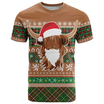 Scottish Christmas T-Shirt Highland Cattle-Xmas Tartan Stripes Style Brown Color Graphic Tee
