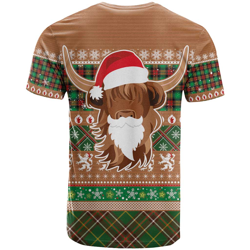 Scottish Christmas T-Shirt Highland Cattle-Xmas Tartan Stripes Style Brown Color Graphic Tee