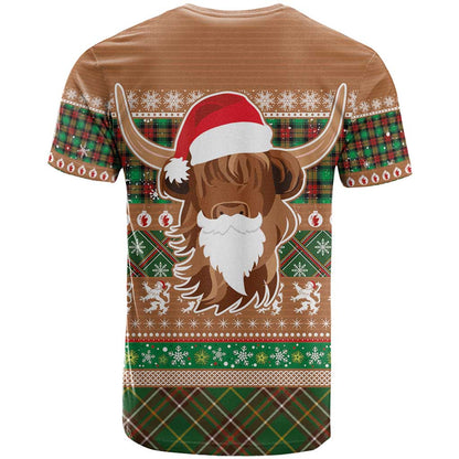 Scottish Christmas T-Shirt Highland Cattle-Xmas Tartan Stripes Style Brown Color Graphic Tee