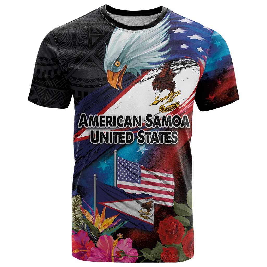 American Samoa and United States Together T-Shirt National Flag with Eagle-Hibiscus and Rose Graphic Tee