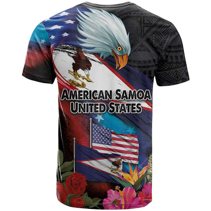 American Samoa and United States Together T-Shirt National Flag with Eagle-Hibiscus and Rose Graphic Tee