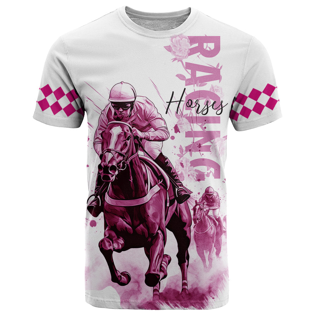 Kentucky Horses Racing T-Shirt Jockey Drawing Style Pink Out Color Graphic Tee