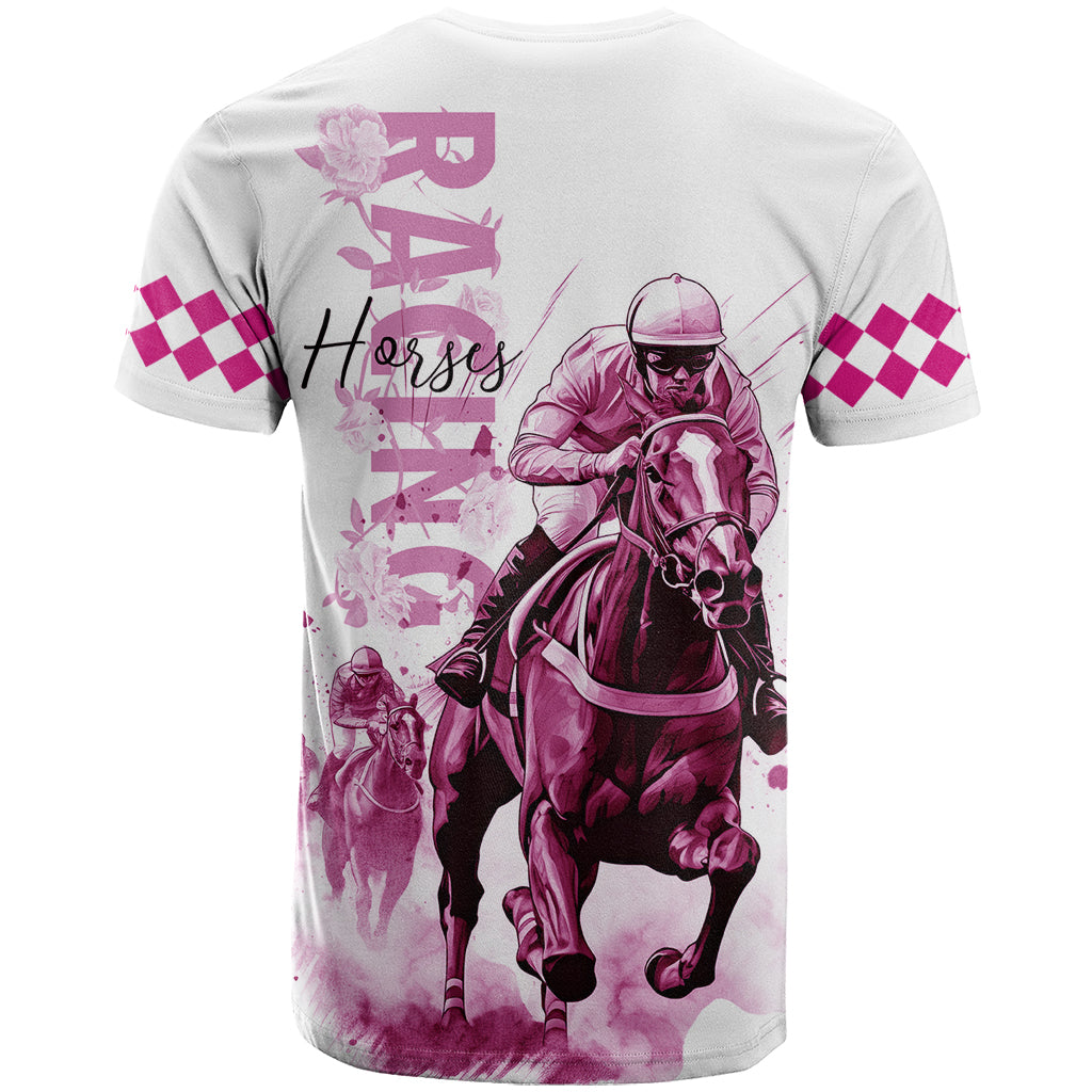 Kentucky Horses Racing T-Shirt Jockey Drawing Style Pink Out Color Graphic Tee