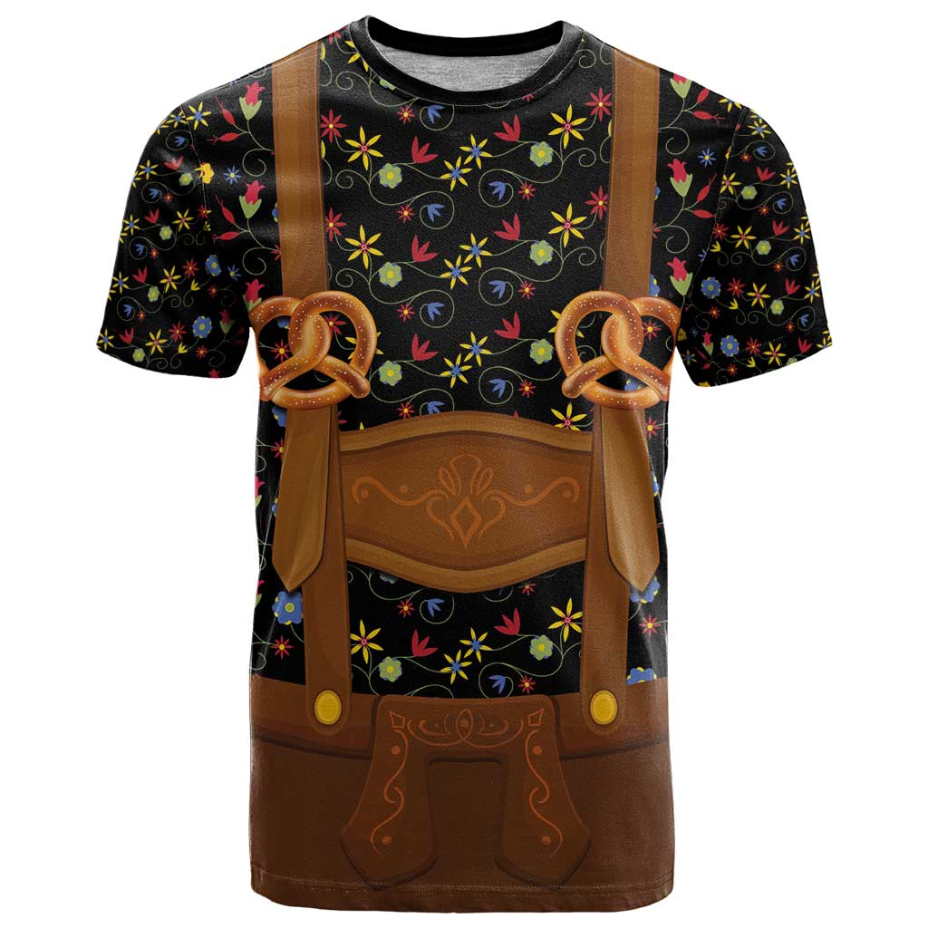 Traditional German Costume - Lederhosen and Soft Pretzel T-Shirt Folk Floral Pattern Style Graphic Tee