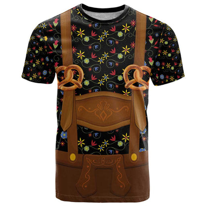 Traditional German Costume - Lederhosen and Soft Pretzel T-Shirt Folk Floral Pattern Style Graphic Tee