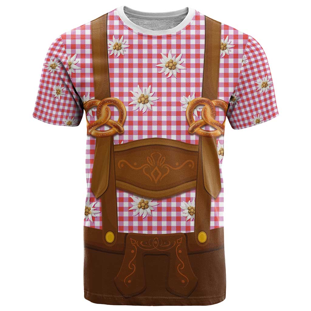 Traditional German Costume - Lederhosen and Soft Pretzel T-Shirt Blue Plaid Pattern with Edelweiss Flowers Graphic Tee