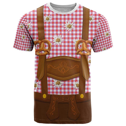 Traditional German Costume - Lederhosen and Soft Pretzel T-Shirt Blue Plaid Pattern with Edelweiss Flowers Graphic Tee