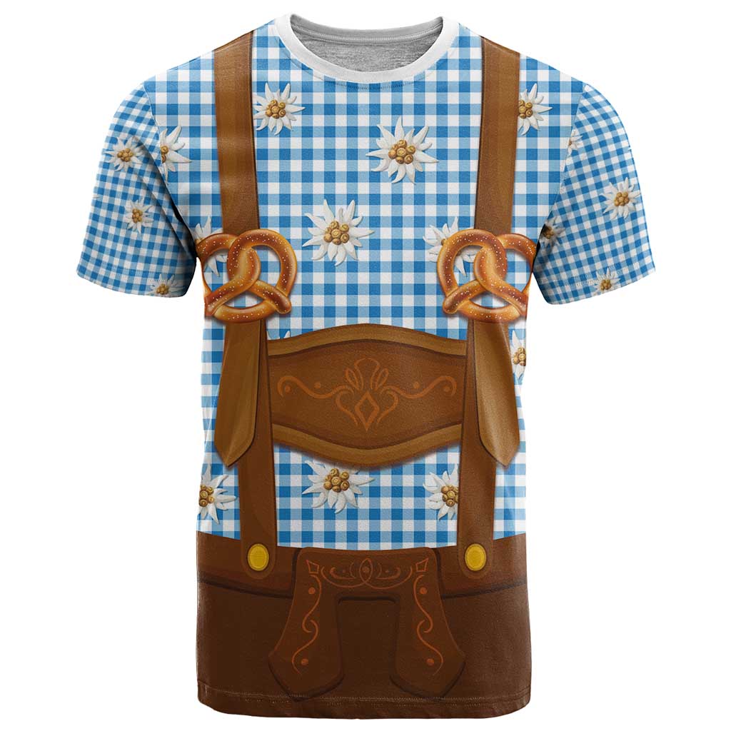 Traditional German Costume - Lederhosen and Soft Pretzel T-Shirt Red Plaid Pattern with Edelweiss Flowers Graphic Tee