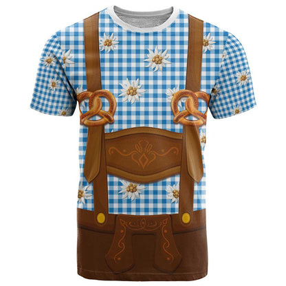 Traditional German Costume - Lederhosen and Soft Pretzel T-Shirt Red Plaid Pattern with Edelweiss Flowers Graphic Tee