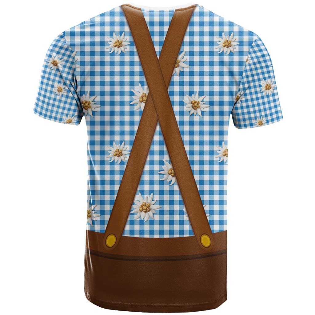 Traditional German Costume - Lederhosen and Soft Pretzel T-Shirt Red Plaid Pattern with Edelweiss Flowers Graphic Tee