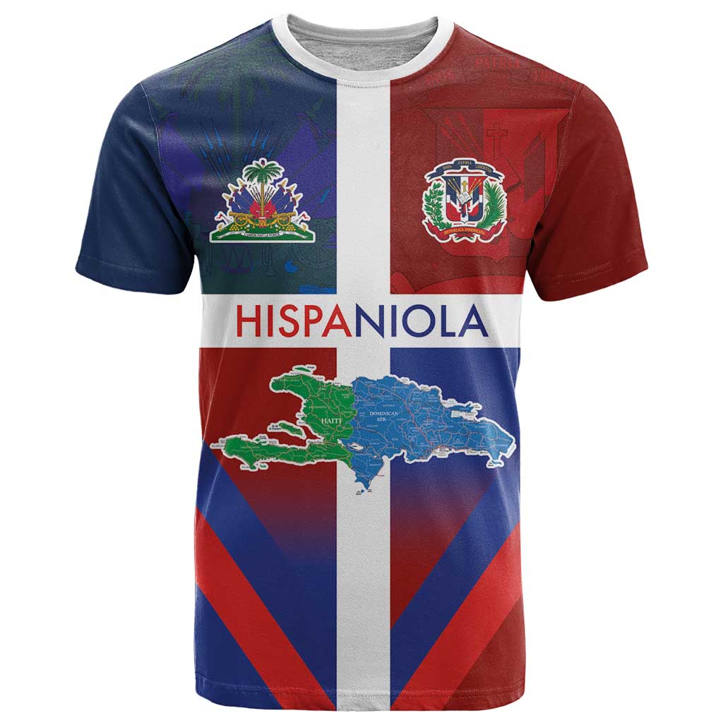 Haiti and Dominican Republic T-Shirt Hispaniola with Emblems and Flag Style Graphic Tee