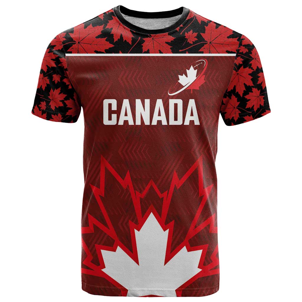 Custom Canadian Rugby T-Shirt Maple Leaves Sporty Art Style Red Color Graphic Tee