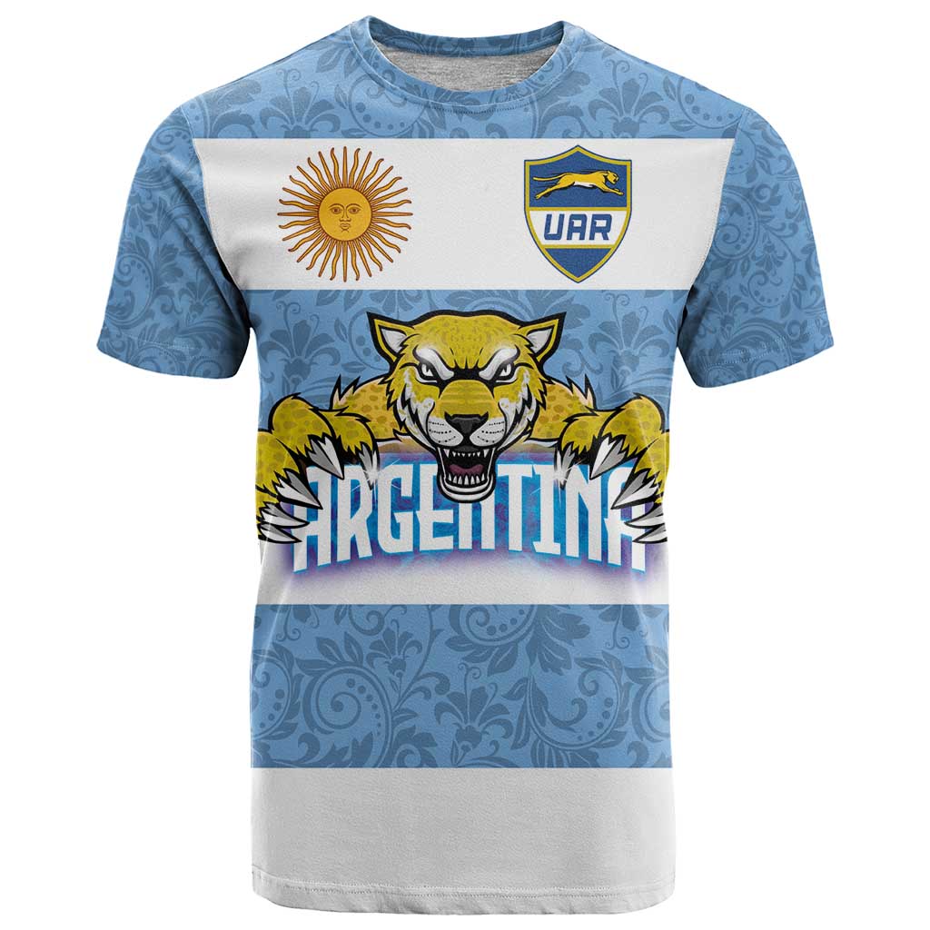 Custom Argentina Rugby 2024 T-Shirt Vamos Los Pumas with Jaguar and Floral Pattern Graphic Tee
