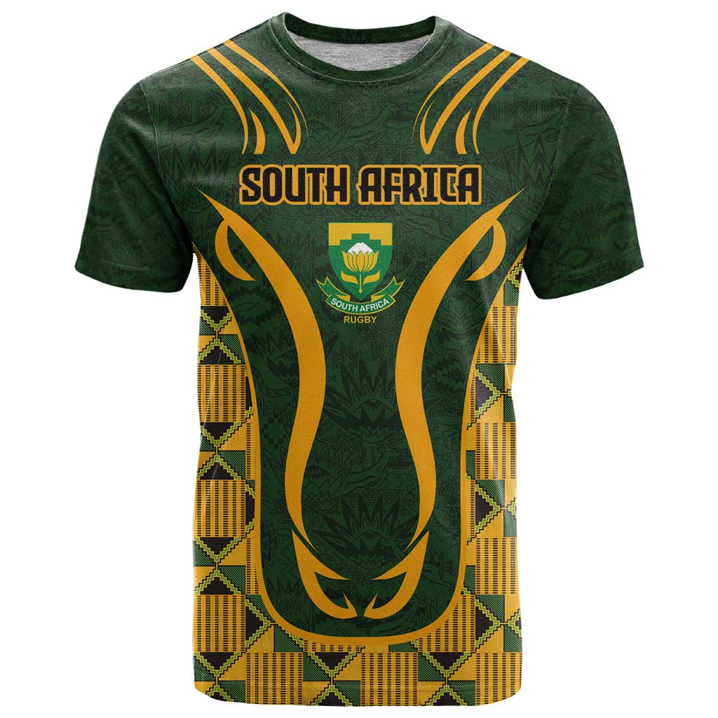 Custom South Africa Rugby 2024 T-Shirt Go Champion Springboks and Kente Pattern Graphic Tee