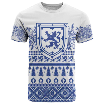 Scottish Christmas T-Shirt Scotland Thistle and Celtic Knot White-Blue Color Graphic Tee