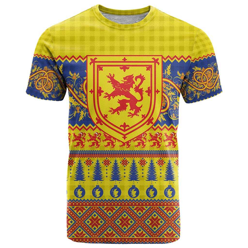 Scottish Christmas T-Shirt Scotland Thistle and Celtic Knot Yellow-Red Color Graphic Tee