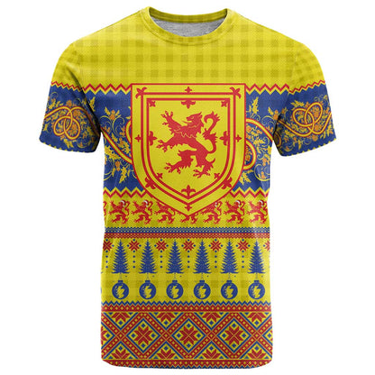 Scottish Christmas T-Shirt Scotland Thistle and Celtic Knot Yellow-Red Color Graphic Tee