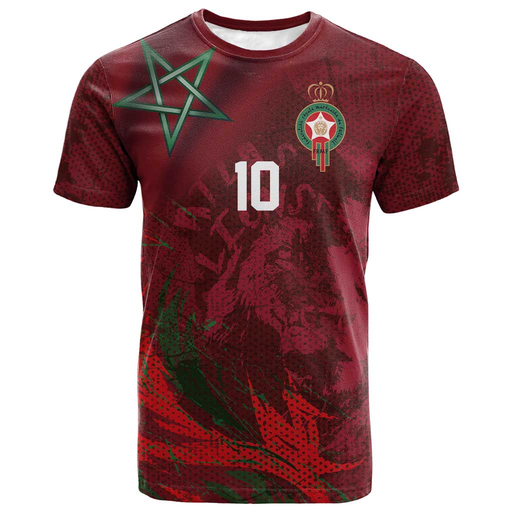Custom Morocco National Football T-Shirt The Atlas Lions Grunge with National Flag Graphic Tee