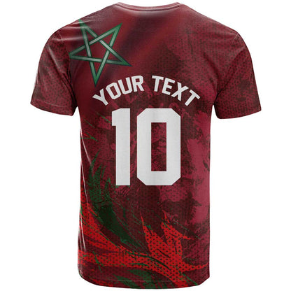 Custom Morocco National Football T-Shirt The Atlas Lions Grunge with National Flag Graphic Tee