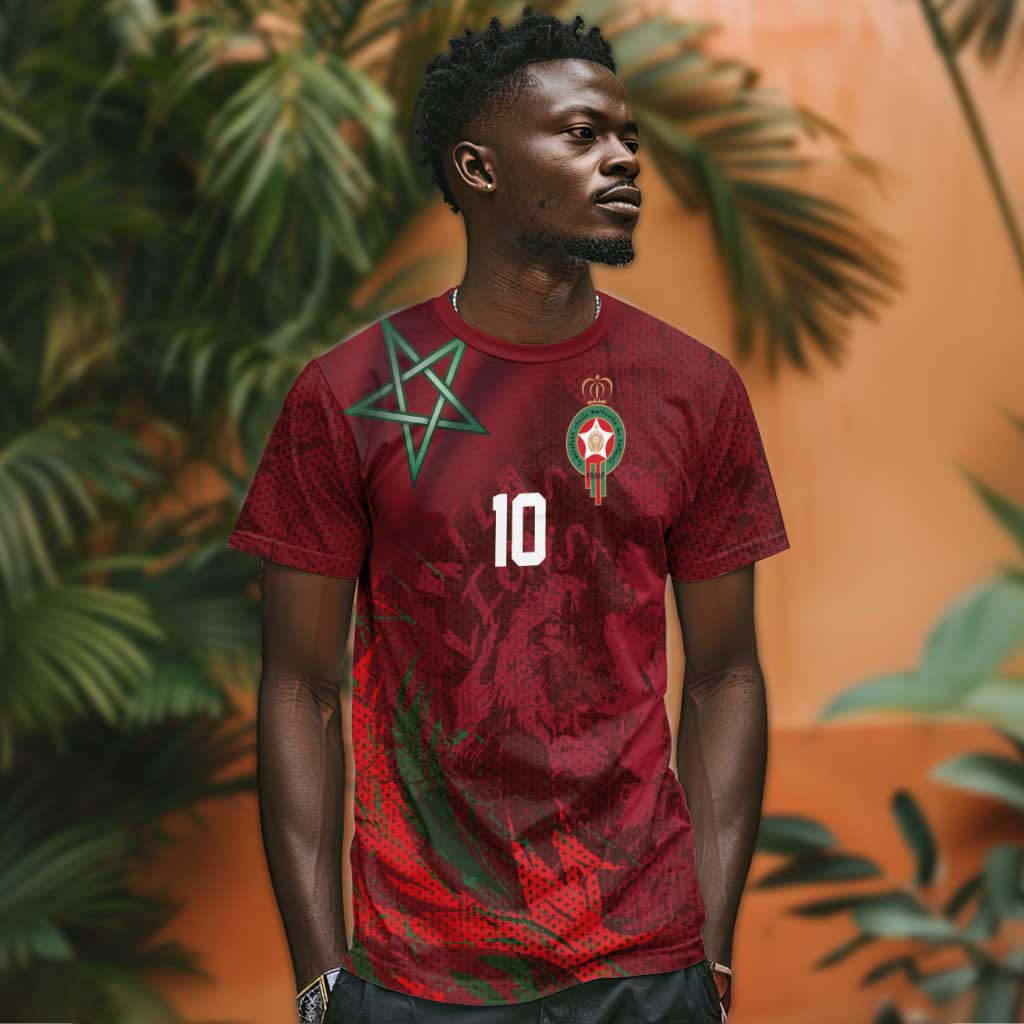 Custom Morocco National Football T-Shirt The Atlas Lions Grunge with National Flag Graphic Tee