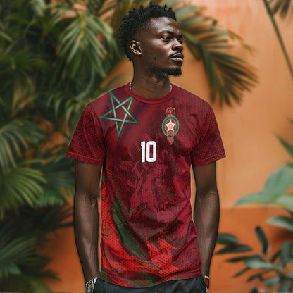 Custom Morocco National Football T-Shirt The Atlas Lions Grunge with National Flag Graphic Tee
