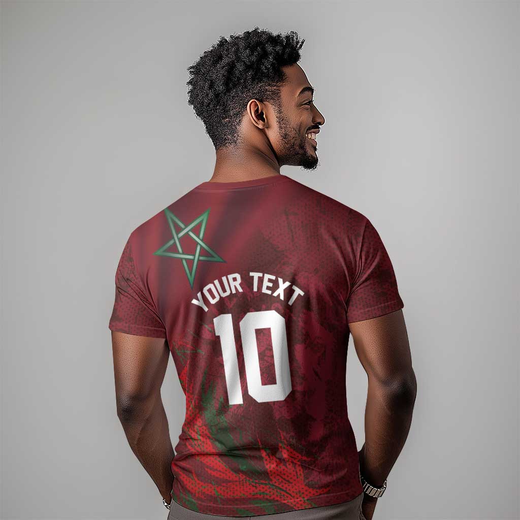 Custom Morocco National Football T-Shirt The Atlas Lions Grunge with National Flag Graphic Tee