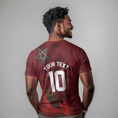 Custom Morocco National Football T-Shirt The Atlas Lions Grunge with National Flag Graphic Tee