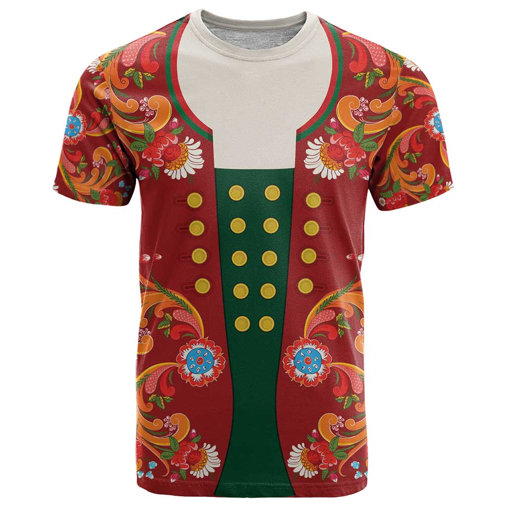 Norwegian Male Bunad T-Shirt with Rosemaling Folk Art Red Color Graphic Tee