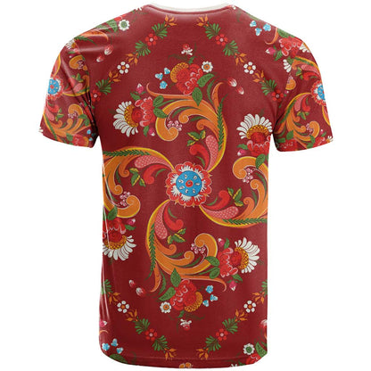 Norwegian Male Bunad T-Shirt with Rosemaling Folk Art Red Color Graphic Tee