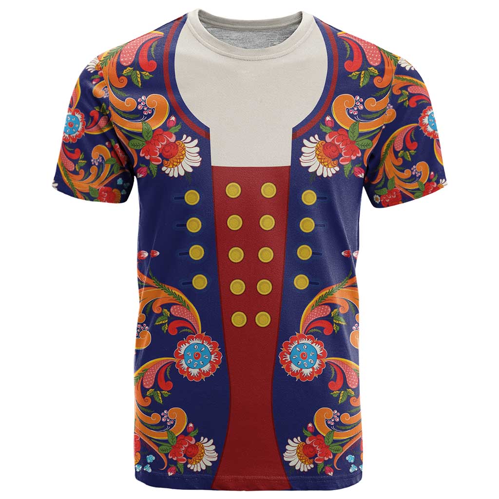 Norwegian Male Bunad T-Shirt with Rosemaling Folk Art Navy Color Graphic Tee