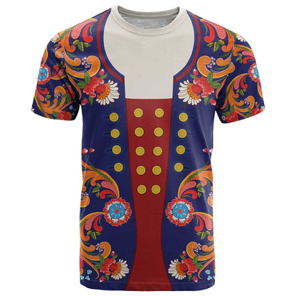 Norwegian Male Bunad T-Shirt with Rosemaling Folk Art Navy Color Graphic Tee