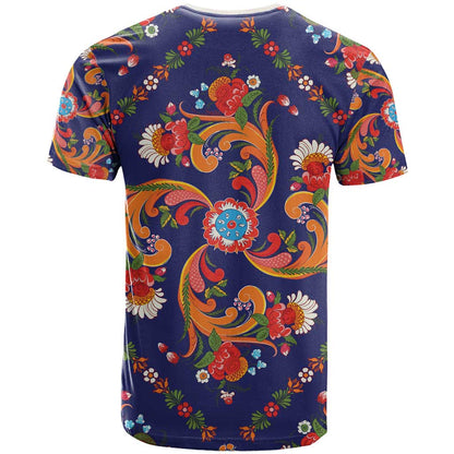 Norwegian Male Bunad T-Shirt with Rosemaling Folk Art Navy Color Graphic Tee