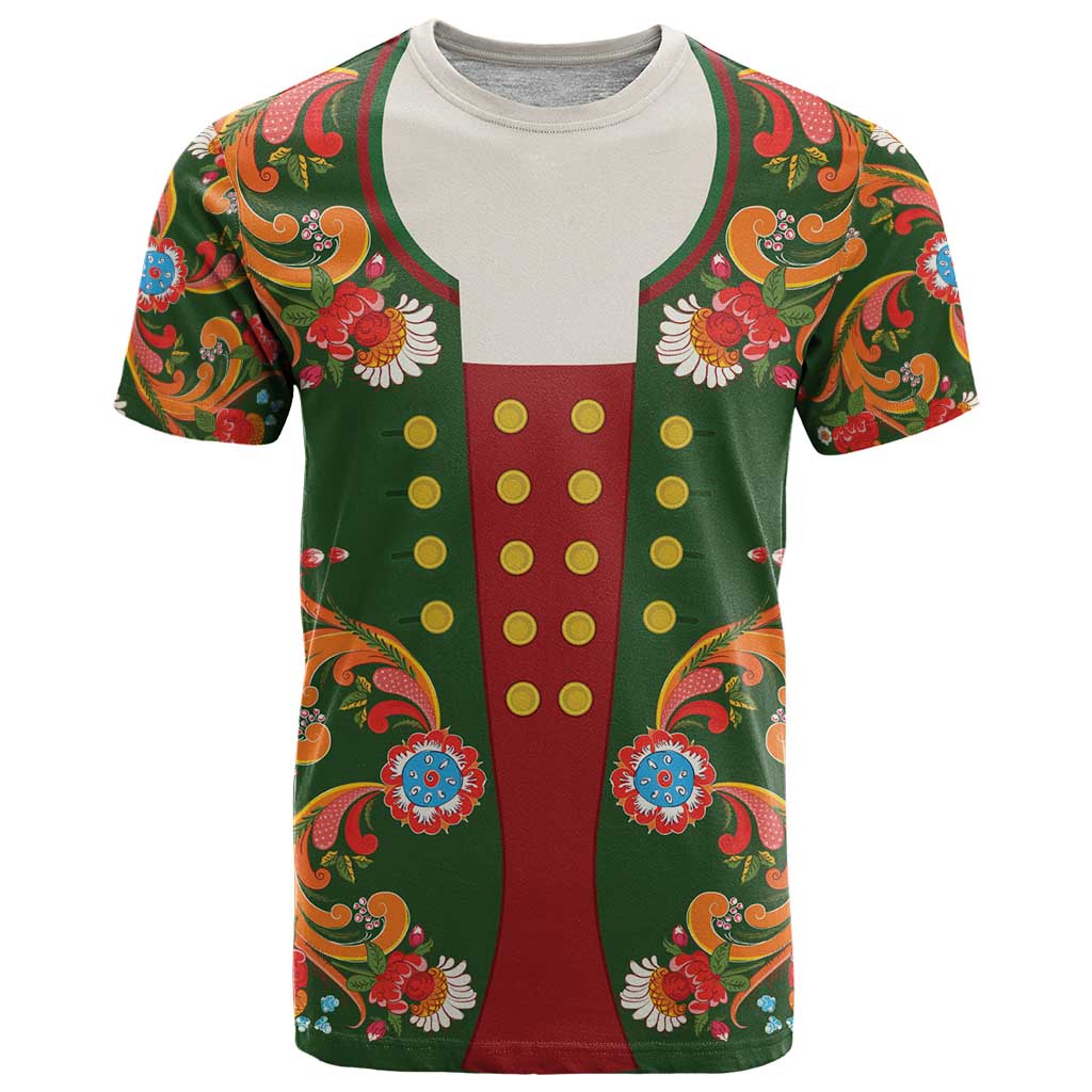 Norwegian Male Bunad T-Shirt with Rosemaling Folk Art Green Color Graphic Tee