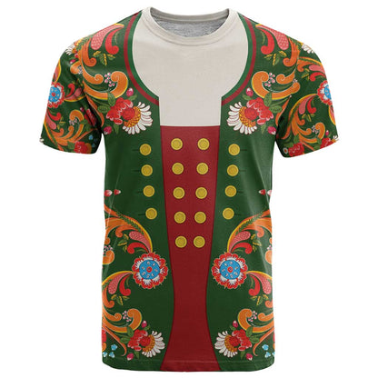 Norwegian Male Bunad T-Shirt with Rosemaling Folk Art Green Color Graphic Tee