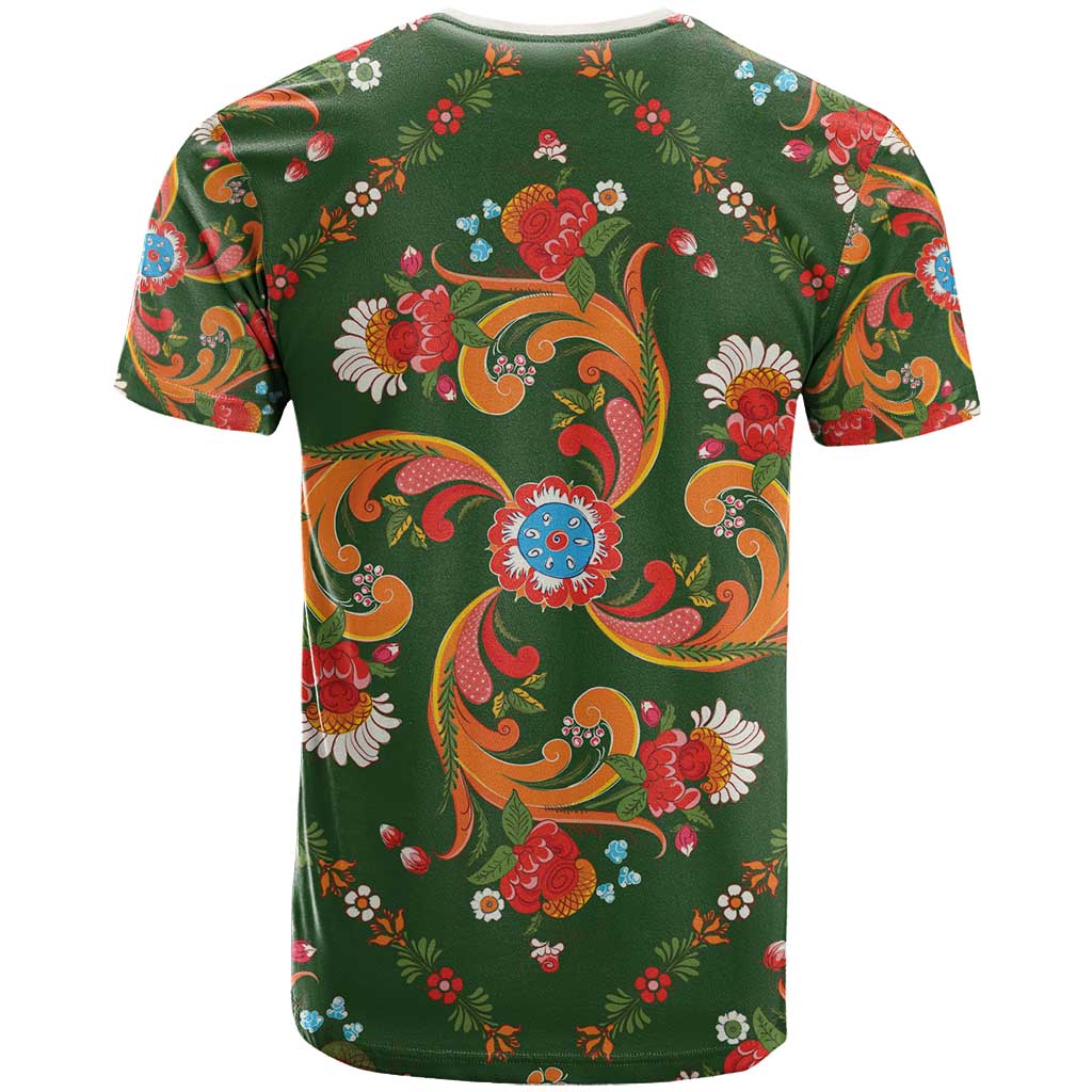 Norwegian Male Bunad T-Shirt with Rosemaling Folk Art Green Color Graphic Tee