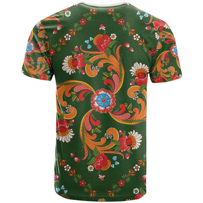 Norwegian Male Bunad T-Shirt with Rosemaling Folk Art Green Color Graphic Tee