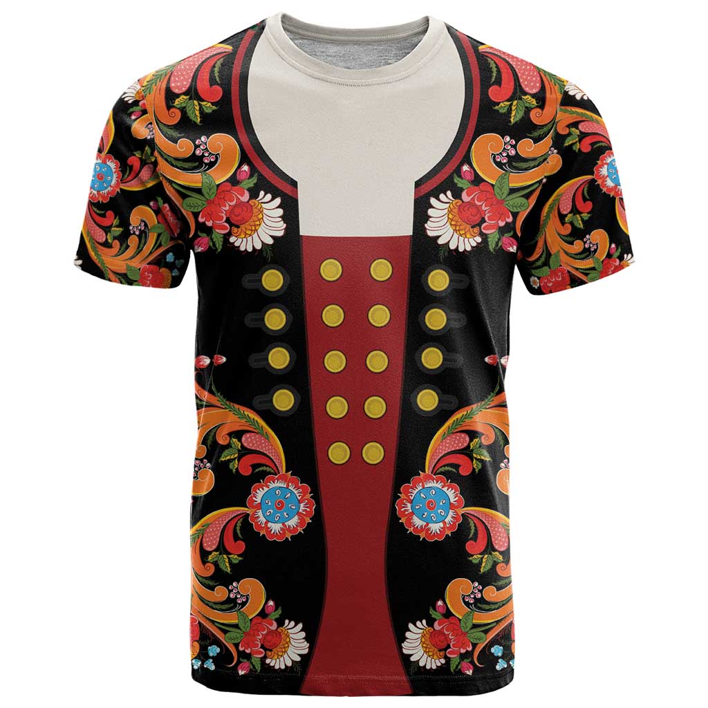 Norwegian Male Bunad T-Shirt with Rosemaling Folk Art Black Color Graphic Tee