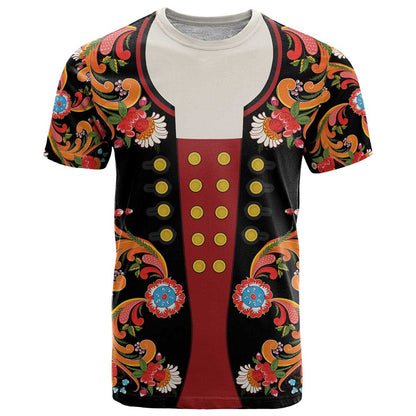 Norwegian Male Bunad T-Shirt with Rosemaling Folk Art Black Color Graphic Tee