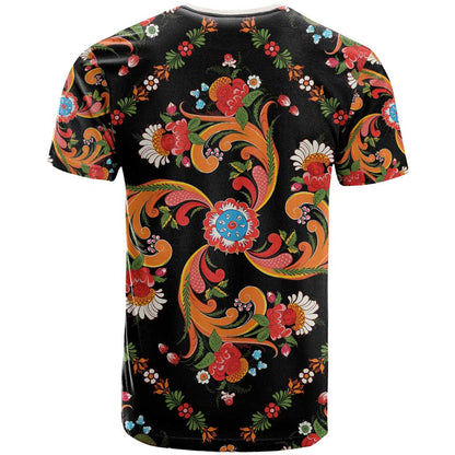 Norwegian Male Bunad T-Shirt with Rosemaling Folk Art Black Color Graphic Tee